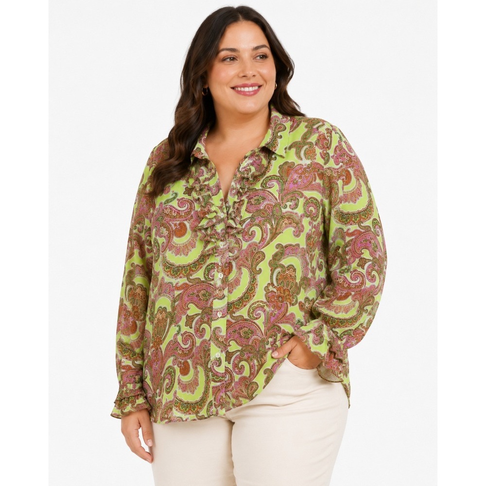 Milano Womens Plus Size 1X Paisley Boho Tunic Blouse Ruffle Sleeve Multicolor